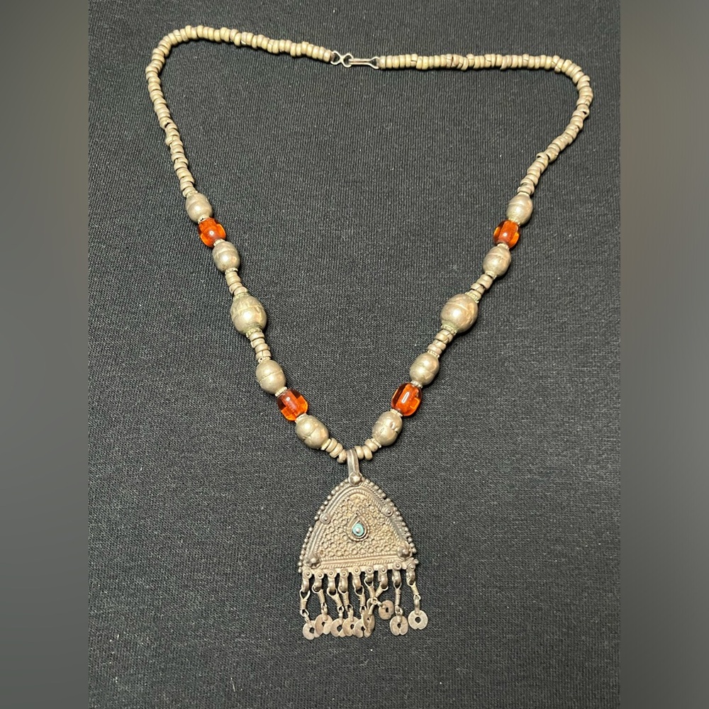 Vintage Tibetan? Moroccan? Tribal bead amulet Silver necklace turquoise